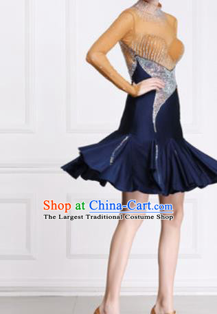 Professional Latin Dance Cha Cha Diamante Navy Dress Modern Dance International Samba Dance Competition Costume for Women