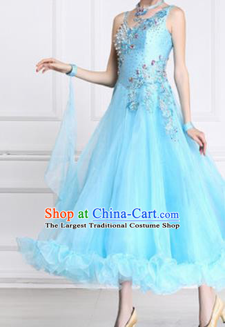 Professional Waltz Competition Modern Dance Blue Bubble Dress Ballroom Dance International Dance Costume for Women