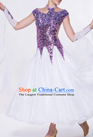 Professional Waltz Competition Modern Dance Purple Sequins Bubble Dress Ballroom Dance International Dance Costume for Women