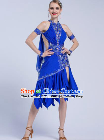 Professional Latin Dance Competition Royalblue Short Dress Modern Dance International Rumba Dance Costume for Women