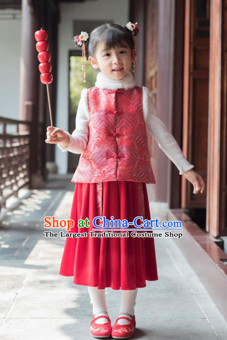 Chinese National Girls Red Vest Costume Traditional New Year Tang Suit Upper Outer Garment for Kids