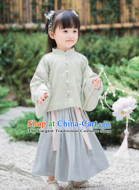 Chinese National Girls Light Green Cheongsam Blouse and Skirt Traditional New Year Tang Suit Costume for Kids