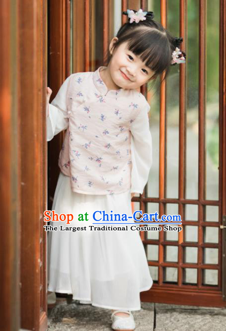 Chinese National Girls Pink Cheongsam Blouse and White Skirt Traditional New Year Tang Suit Costume for Kids