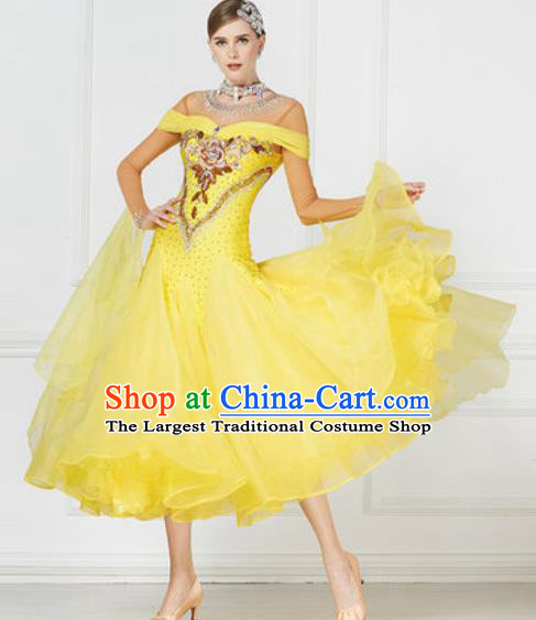 Top Grade Modern Dance Yellow Veil Dress Ballroom Dance International Waltz Competition Costume for Women