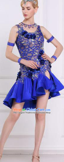 Professional Latin Dance Competition Royalblue Lace Dress Modern Dance International Rumba Dance Costume for Women