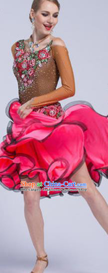 Professional Latin Dance Competition Rosy Short Dress Modern Dance International Rumba Dance Costume for Women