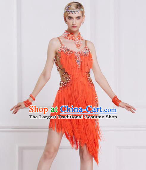 Professional Latin Dance Competition Orange Tassel Dress Modern Dance International Rumba Dance Costume for Women