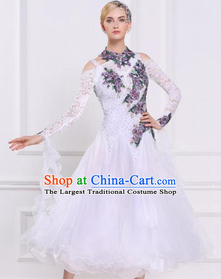 Top Waltz Competition Modern Dance Embroidered White Lace Dress Ballroom Dance International Dance Costume for Women