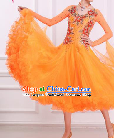 Top Waltz Competition Modern Dance Diamante Orange Dress Ballroom Dance International Dance Costume for Women