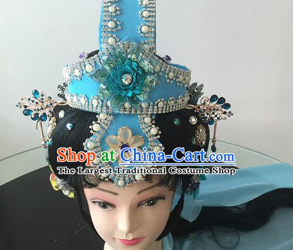 Chinese Beijing Opera Blue Headgear Traditional Peking Opera Taoist Nun Wig Sheath and Hair Accessories for Women