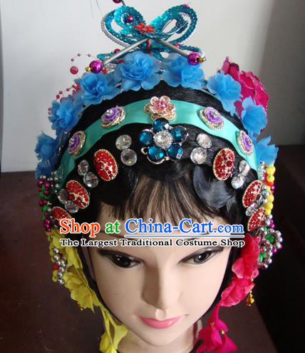 Chinese Beijing Opera Girls Blue Flowers Headgear Traditional Peking Opera Wig Sheath and Hair Accessories for Women