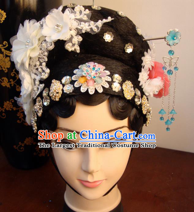 Chinese Beijing Opera Diva White Flowers Headgear Traditional Peking Opera Wig Sheath and Hair Accessories for Women