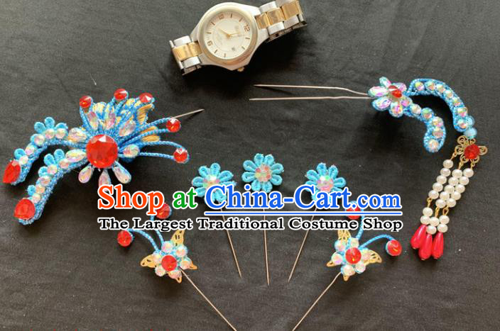 Chinese Beijing Opera Diva Blue Flowers Hairpins Headgear Traditional Peking Opera Queen Hair Accessories for Women