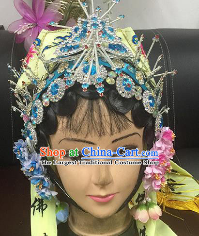 Chinese Beijing Opera Taoist Nun Yellow Hat Headgear Traditional Peking Opera Wig Sheath and Hair Accessories for Women