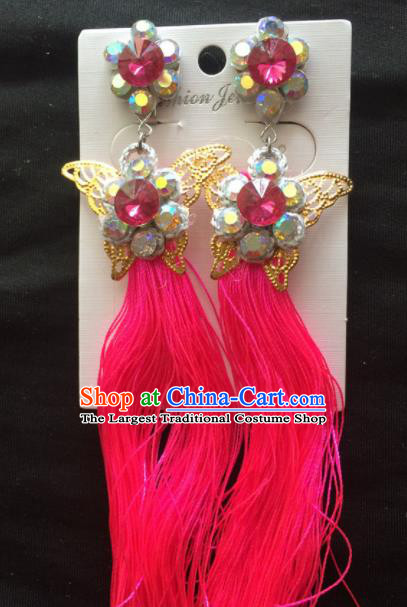 Chinese Beijing Opera Diva Red Tassel Butterfly Earrings Traditional Peking Opera Princess Ear Accessories for Women