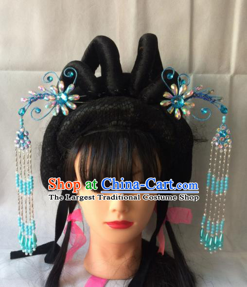 Chinese Beijing Opera Diva Blue Phoenix Hairpins Traditional Peking Opera Princess Hair Accessories for Women