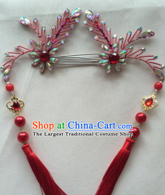 Chinese Beijing Opera Princess Red Tassel Hairpins Traditional Peking Opera Diva Hair Accessories for Women