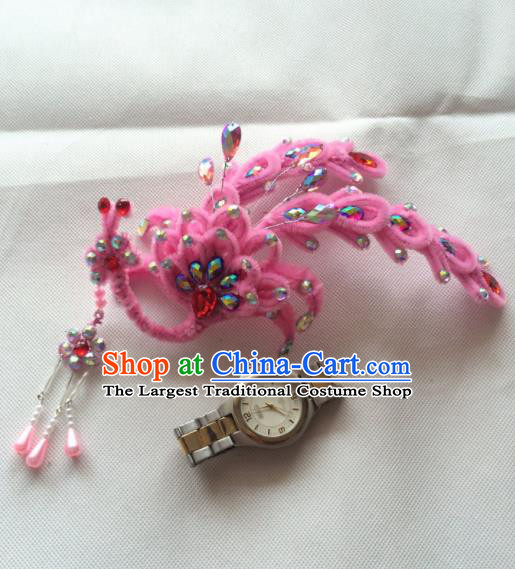 Chinese Beijing Opera Princess Pink Velvet Phoenix Hairpins Traditional Peking Opera Diva Hair Accessories for Women