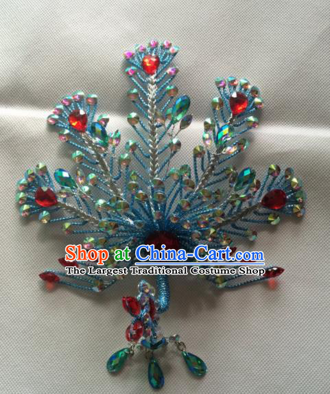 Chinese Beijing Opera Queen Blue Phoenix Hair Crown Hairpins Traditional Peking Opera Diva Hair Accessories for Women