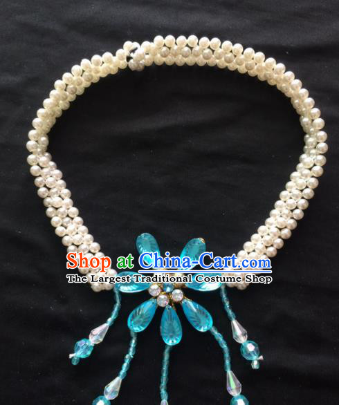 Chinese Beijing Opera Diva Blue Flower Necklace Traditional Peking Opera Princess Necklet Accessories for Women