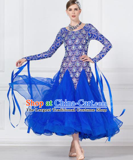 Professional Modern Dance Waltz Royalblue Veil Dress International Ballroom Dance Competition Costume for Women