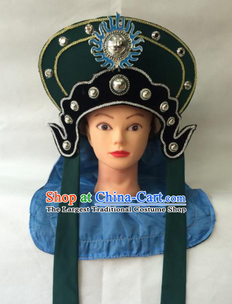 Chinese Beijing Opera Soldier Green Hat Traditional Peking Opera Takefu Headwear for Men