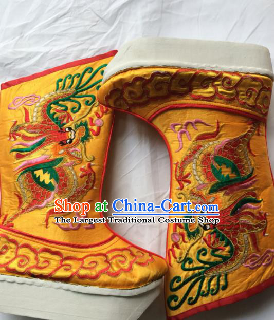 Chinese Beijing Opera Embroidery Dragon Golden Boots Traditional Peking Opera Takefu Embroidered Shoes for Men