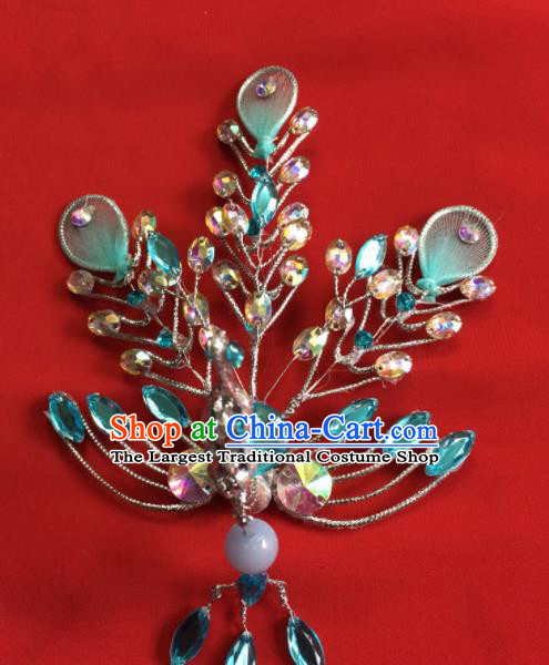 Chinese Beijing Opera Actress Blue Crystal Phoenix Hairpins Traditional Peking Opera Princess Hair Accessories for Women