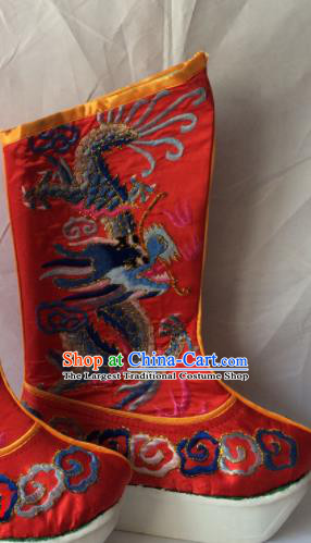 Chinese Beijing Opera Takefu Red Boots Traditional Peking Opera Emperor Embroidered Shoes for Men