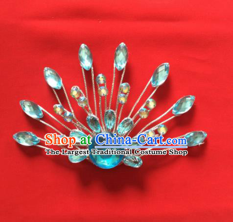 Chinese Beijing Opera Princess Blue Crystal Hair Claw Hairpins Traditional Peking Opera Diva Hair Accessories for Women