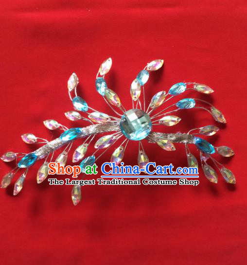 Chinese Beijing Opera Princess Blue Crystal Flower Hair Claw Hairpins Traditional Peking Opera Diva Hair Accessories for Women