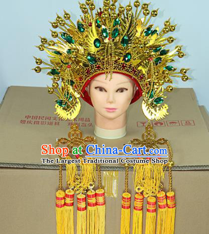 Chinese Beijing Opera Queen Green Crystal Phoenix Coronet Traditional Peking Opera Bride Hat Hair Accessories for Women