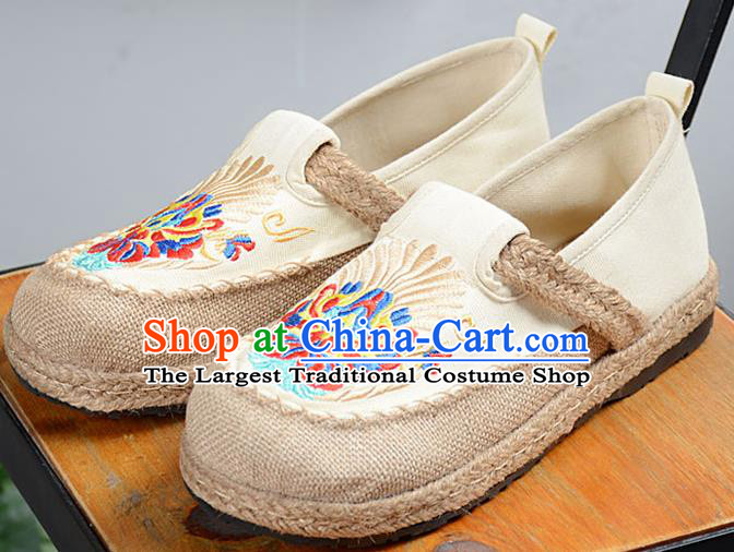 Chinese Traditional Handmade Embroidered Beige Flax Shoes National Multi Layered Cloth Shoes for Men