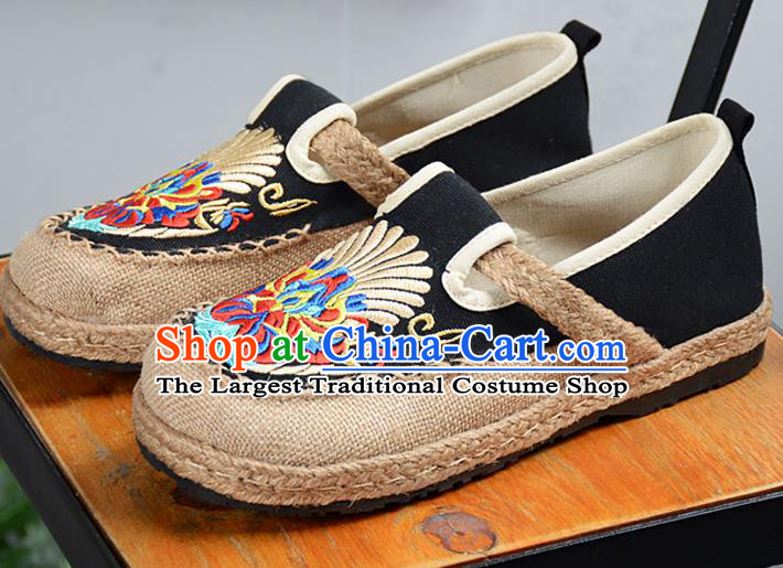 Chinese Traditional Handmade Embroidered Black Flax Shoes National Multi Layered Cloth Shoes for Men