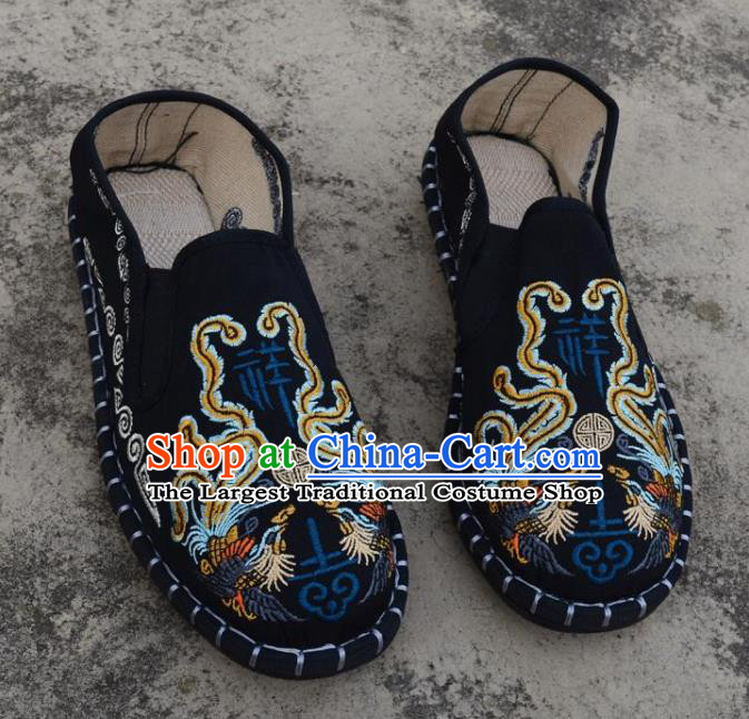 Traditional Chinese Embroidered Phoenix Black Shoes Handmade Flax Shoes National Multi Layered Cloth Shoes for Men