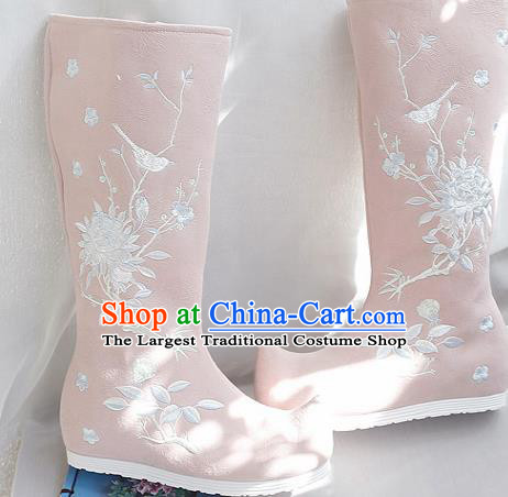 Traditional Chinese Embroidered Peony Pink Boots Handmade Cloth Shoes National Cloth Shoes for Women