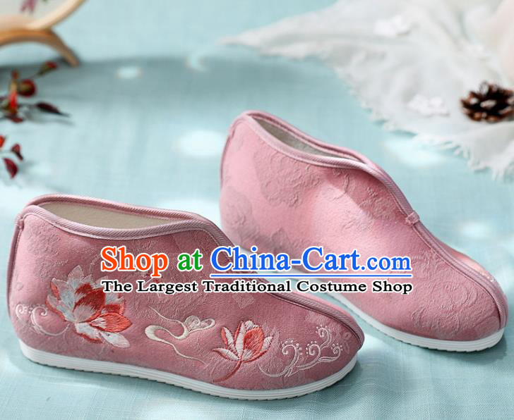 Traditional Chinese Embroidered Lotus Pink Boots Handmade Cloth Shoes National Cloth Shoes for Women