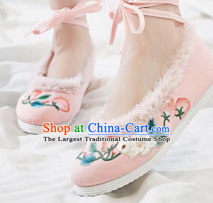 Traditional Chinese Embroidered Rabbit Pink Shoes Handmade Cloth Shoes National Cloth Shoes for Women