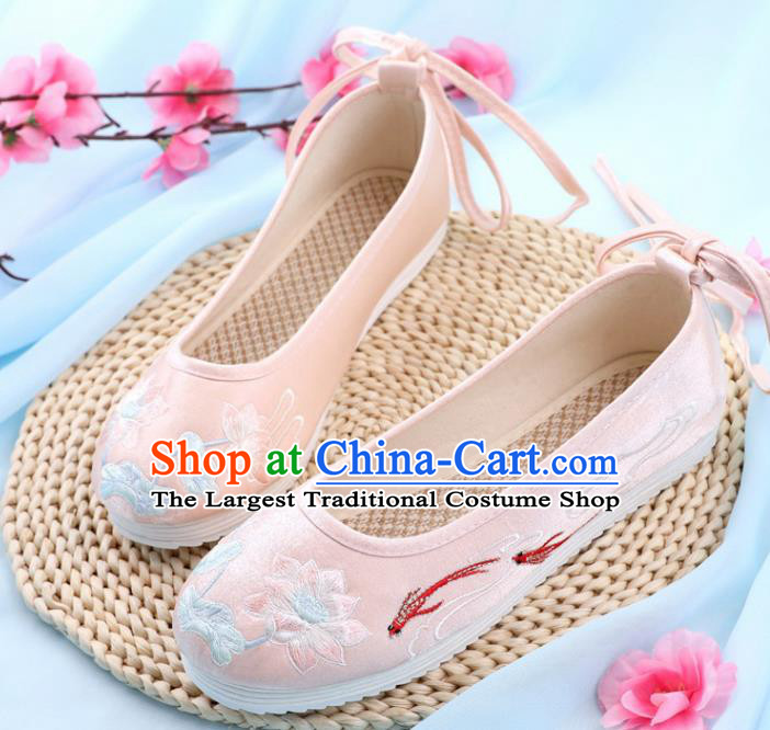 Traditional Chinese Embroidered Lotus Goldfish Pink Shoes Handmade Cloth Shoes National Cloth Shoes for Women