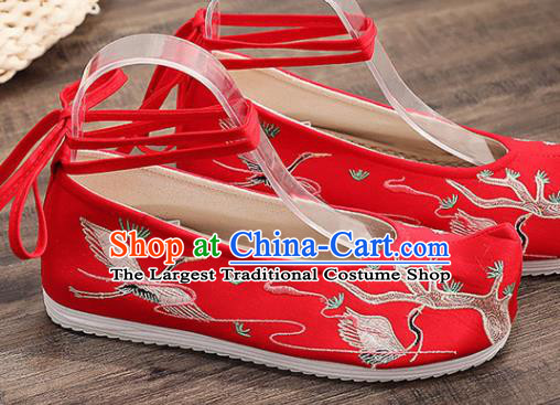 Traditional Chinese Embroidered Crane Red Shoes Handmade Cloth Shoes National Cloth Shoes for Women