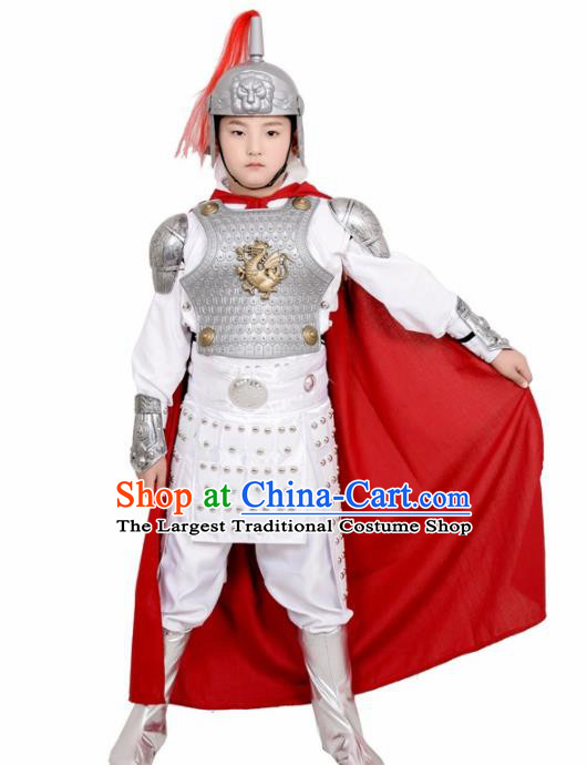 Chinese Ancient General White Helmet and Armour Traditional Han Dynasty Swordsman Costume for Kids