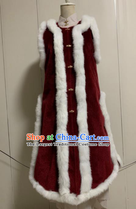 Chinese Ancient Traditional Ming Dynasty Court Queen Costume Winter Wine Red Vest for Women