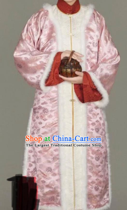 Chinese Ancient Nobility Lady Winter Pink Long Coat Traditional Ming Dynasty Queen Costume for Women