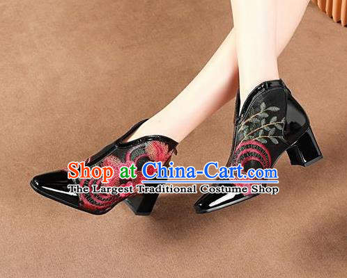 Traditional Chinese Embroidered Flowers Black Leather Shoes National High Heel Shoes for Women