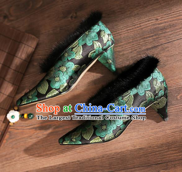 Traditional Chinese Embroidered Green Flowers Shoes National High Heel Shoes for Women