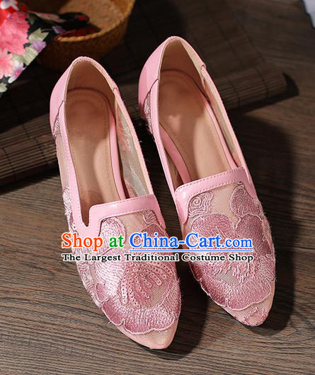 Traditional Chinese Handmade Embroidered Peony Pink Shoes National High Heel Shoes for Women