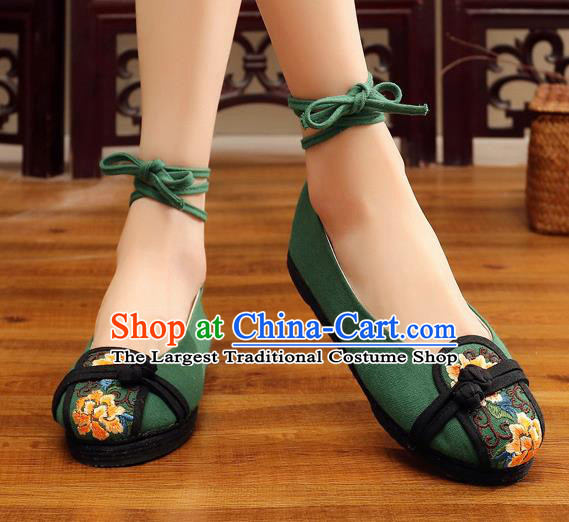 Traditional Chinese Handmade Embroidered Peony Green Shoes National Wedding Cloth Shoes for Women