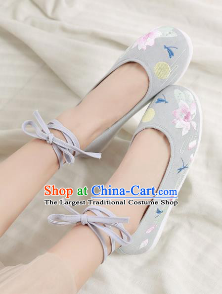 Traditional Chinese Handmade Embroidered Lotus Grey Shoes Hanfu Shoes National Cloth Shoes for Women