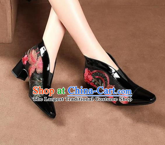 Traditional Chinese Embroidered Black Leather Shoes National High Heel Shoes for Women