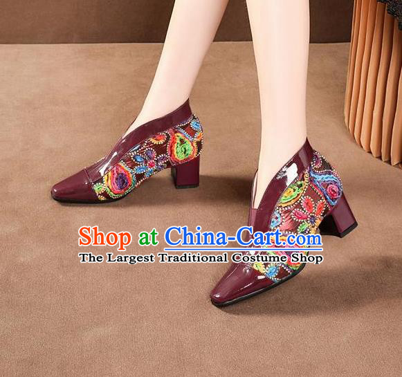 Traditional Chinese Embroidered Wine Red Leather Shoes National High Heel Shoes for Women